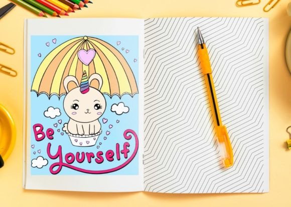 A colorful notebook page features a cute unicorn bear under an umbrella with the motivational phrase "Be Yourself." A yellow pen lies beside it.