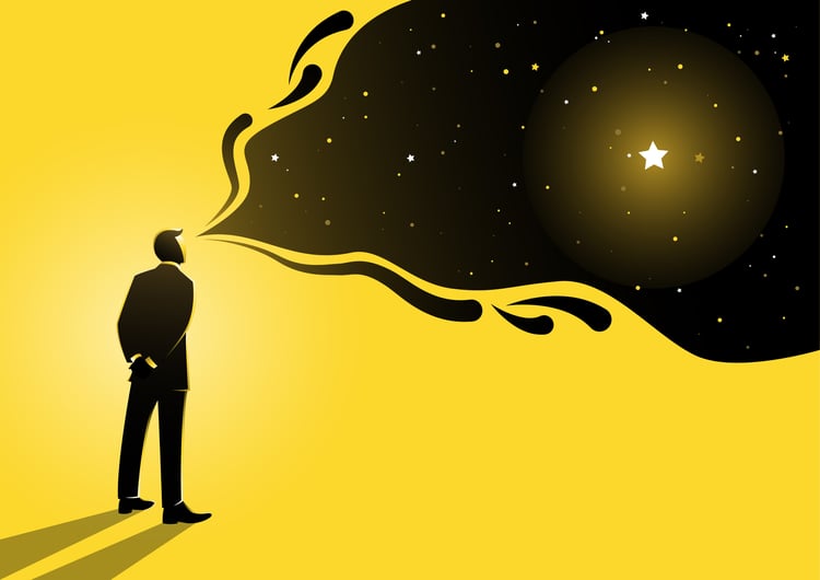 Illustration d'un homme debout avec sa vision au-dessus de lui comme un grand rêve de qualité et d'expertise profesionnelle avec un partenaire de rêve