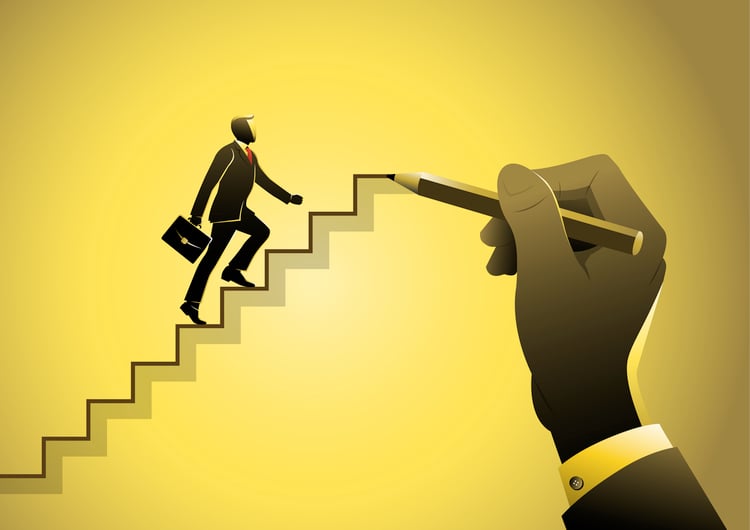 Illustration vectorielle Homme d'affaires montant les escaliers, dessiné par une main humaine d'un partenaire sur fond jaune qui l'aide à gravir les échelons