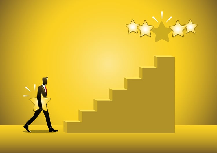 Illustration d'un homme d'affaires marchant sur une marche d'escalier en tenant une étoile à la main pour donner cinq étoile en échange d'un bonus exclusif