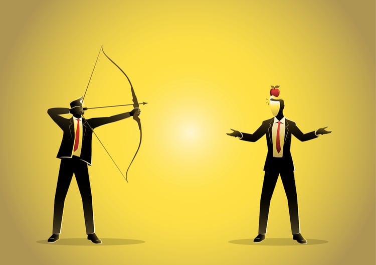 Illustration Homme d'affaires tirant une flèche sur une pomme sur la tête - concept de confiance et de crédibilité