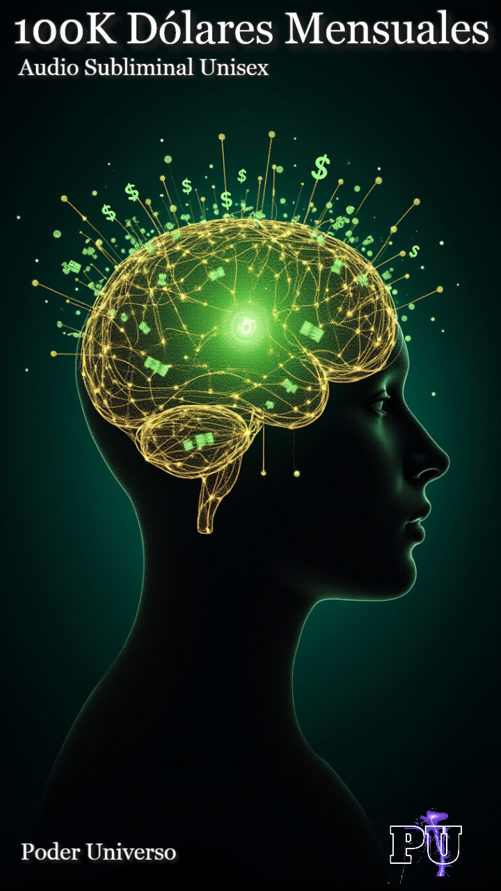 Arte conceptual abstracto: una silueta cerebral humana compuesta de circuitos de oro entretejidos, pulsando con energía verde esmeralda. Los símbolos de divisas y los signos de dólar ($) se materializan y disuelven sutilmente dentro de la estructura cereb