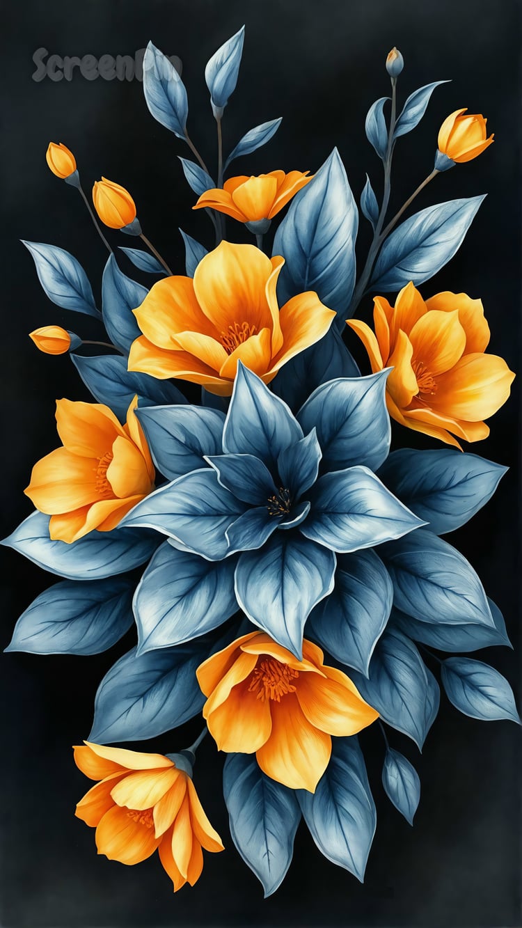 A modern 3D floral composition with layered flowers and leaves in a semi-realistic style, creating an elegant and artistic botanical design.