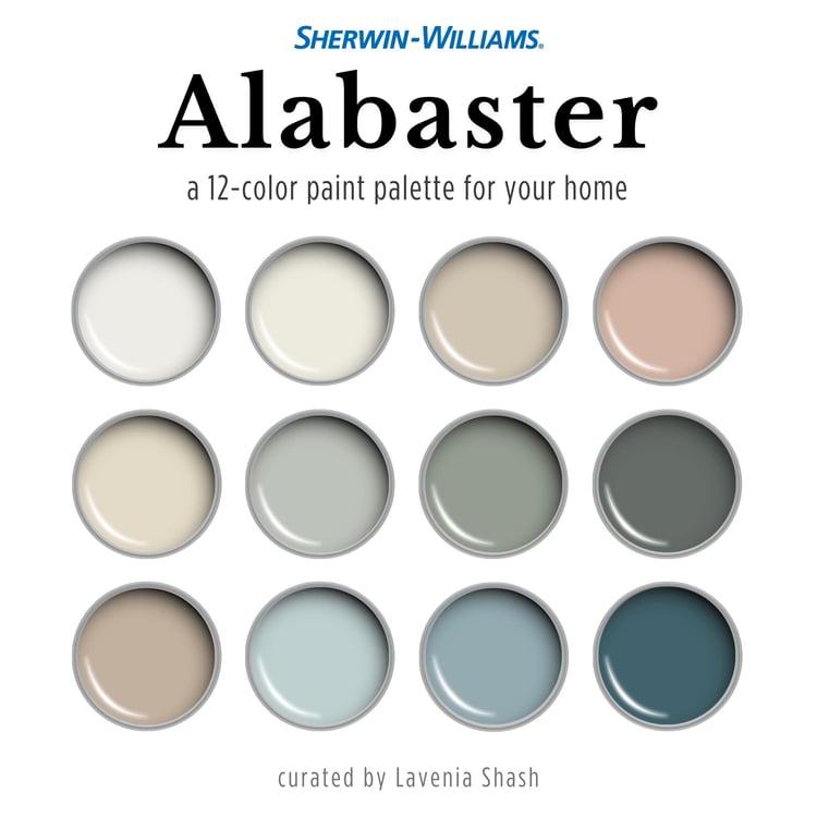 Sherwin Williams Alabaster paint palette. Whole house color scheme with neutrals and coordinating colors. Paint colors for home with white, warm gray, greige, green, blue and blush pink. Interior design color scheme created by Lavenia Shash.