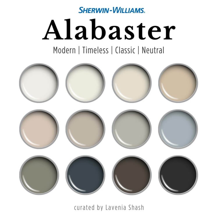 Sherwin Williams Alabaster paint palette. Whole house color scheme with neutrals and coordinating colors. Paint colors for home with white, beige, greige, green, blue, brown and black. Interior design color scheme created by Lavenia Shash.