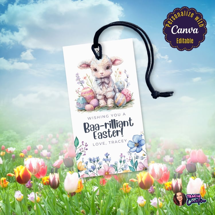 Editable Easter Gift Tag – Cute Lamb Design with Floral Border