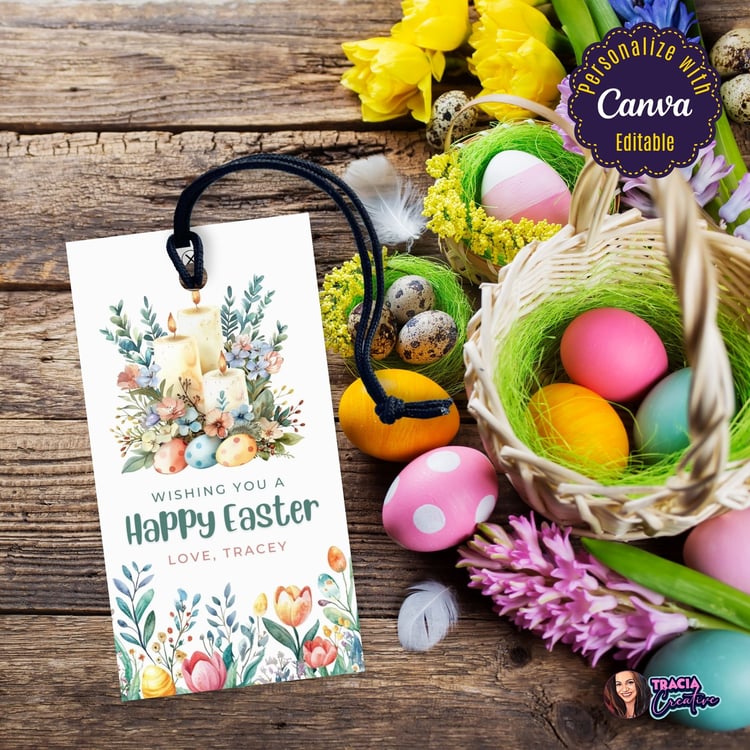 Editable Easter Gift Tag – Candles, Flowers, and Eggs Design
