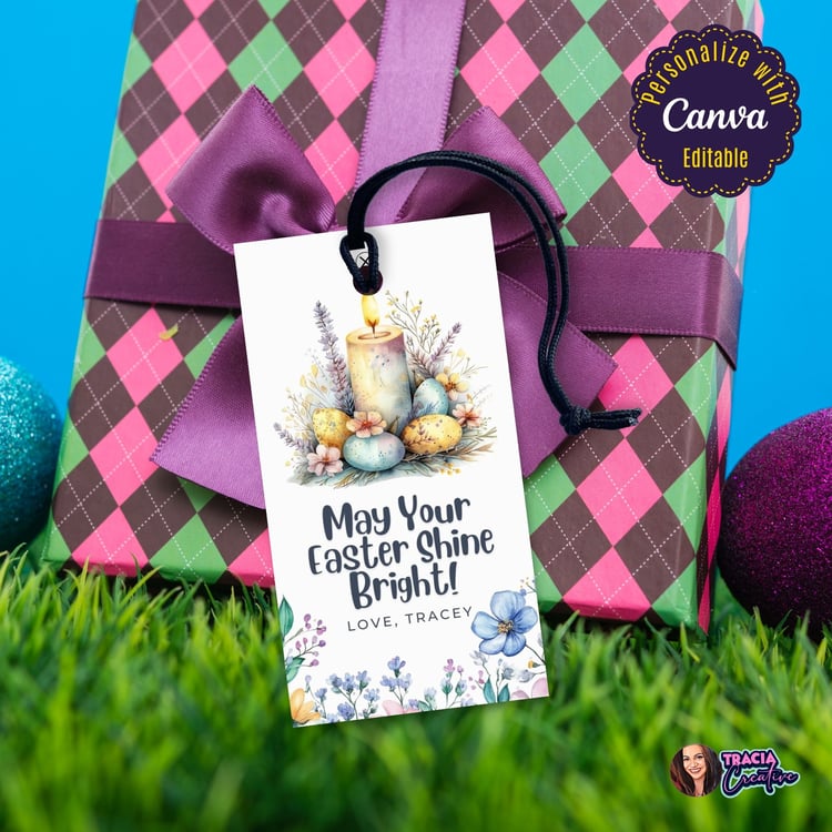 Editable Easter Gift Tag – Candles, Flowers, and Eggs Design