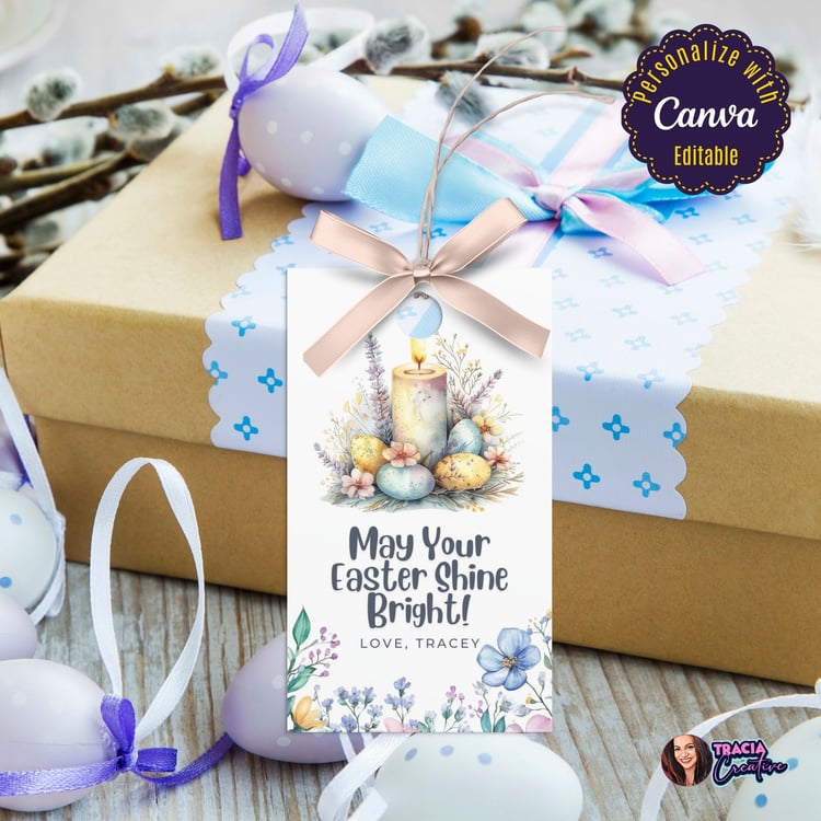 Editable Easter Gift Tag – Candles, Flowers, and Eggs Design