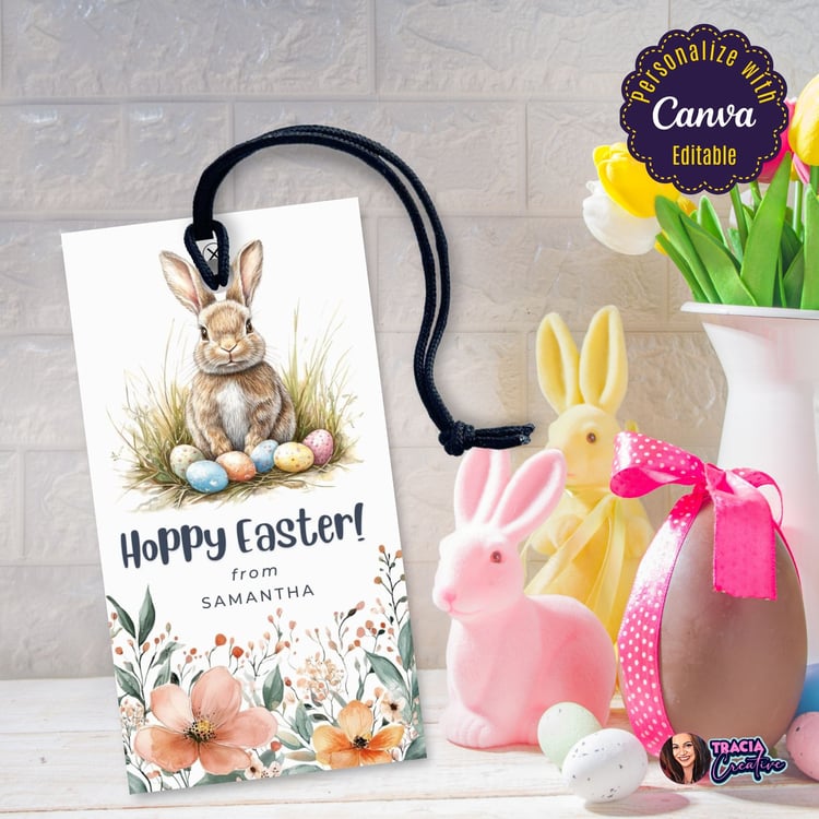 Editable Easter Gift Tag – Bunny, Eggs, and Floral Design