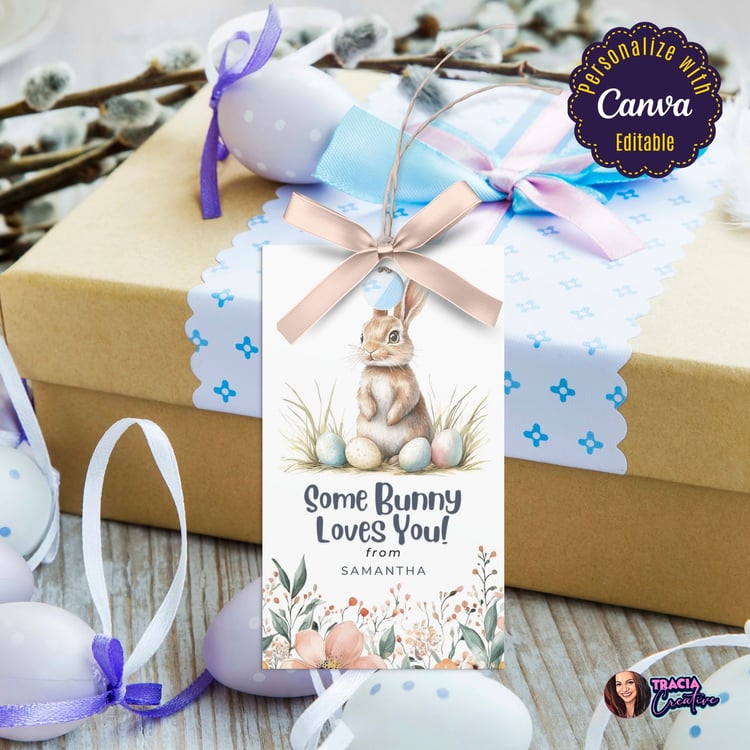 Editable Easter Gift Tag – Bunny, Eggs, and Floral Design