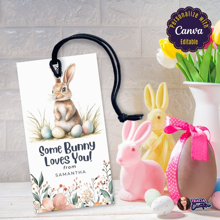 Editable Easter Gift Tag – Bunny, Eggs, and Floral Design