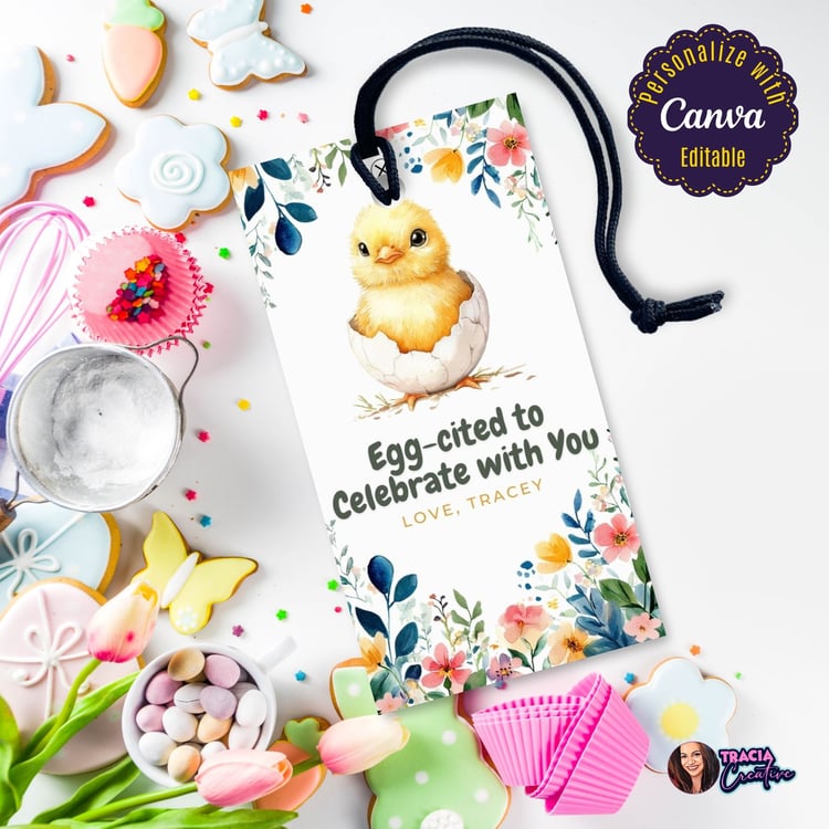 Editable Easter Gift Tag – Hatching Chick and Floral Design