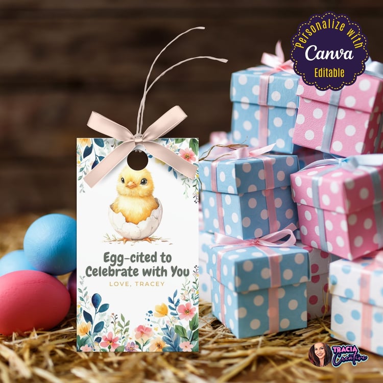 Editable Easter Gift Tag – Hatching Chick and Floral Design