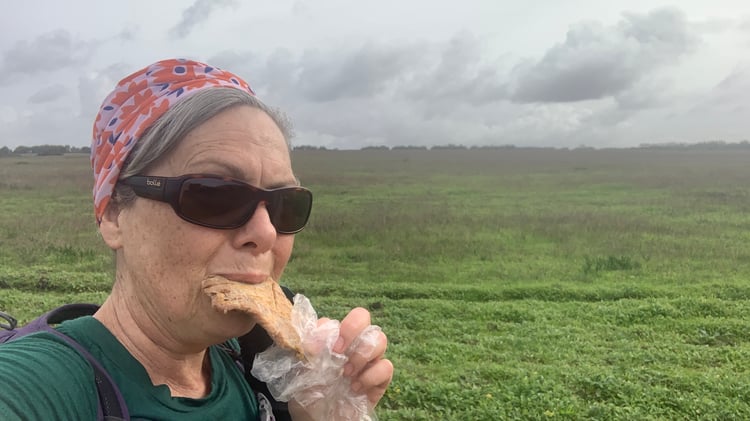Woman wearing a floral head scarf & sun glasseshiking on a path and eating a cold slice of pork.