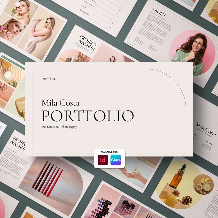A collection of stylish, modern portfolio pages with various art and photography layouts. The central card reads Mila Costa Portfolio in elegant typography. Two software logos, InDesign and Canva, are displayed below.