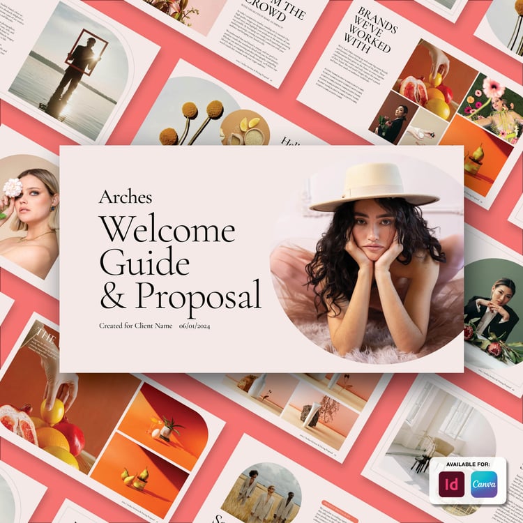 A vibrant brochure layout featuring a central photo of a woman wearing a hat, with multiple pages showcasing various stylish images and text snippets. The title reads Arches Welcome Guide &amp; Proposal.