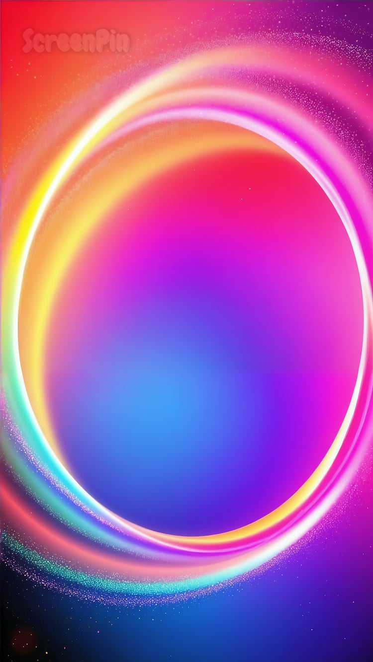 A glowing gradient in the center, surrounded by a swirling, colorful arc, creating a vibrant abstract background.
