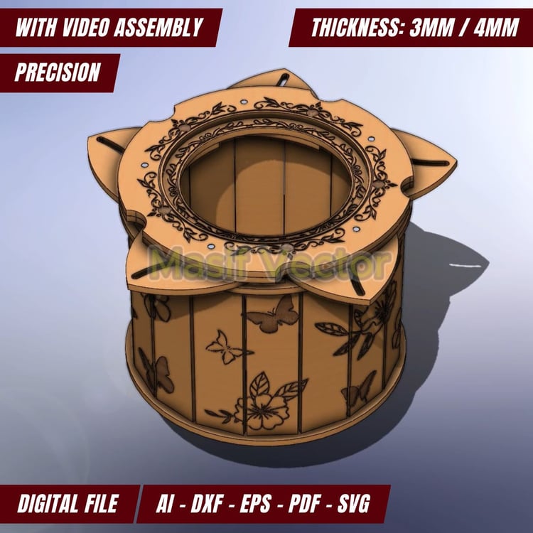 Laser-cut Iris Box with intricate butterfly and flower engraving, featuring a unique rotating lid mechanism.