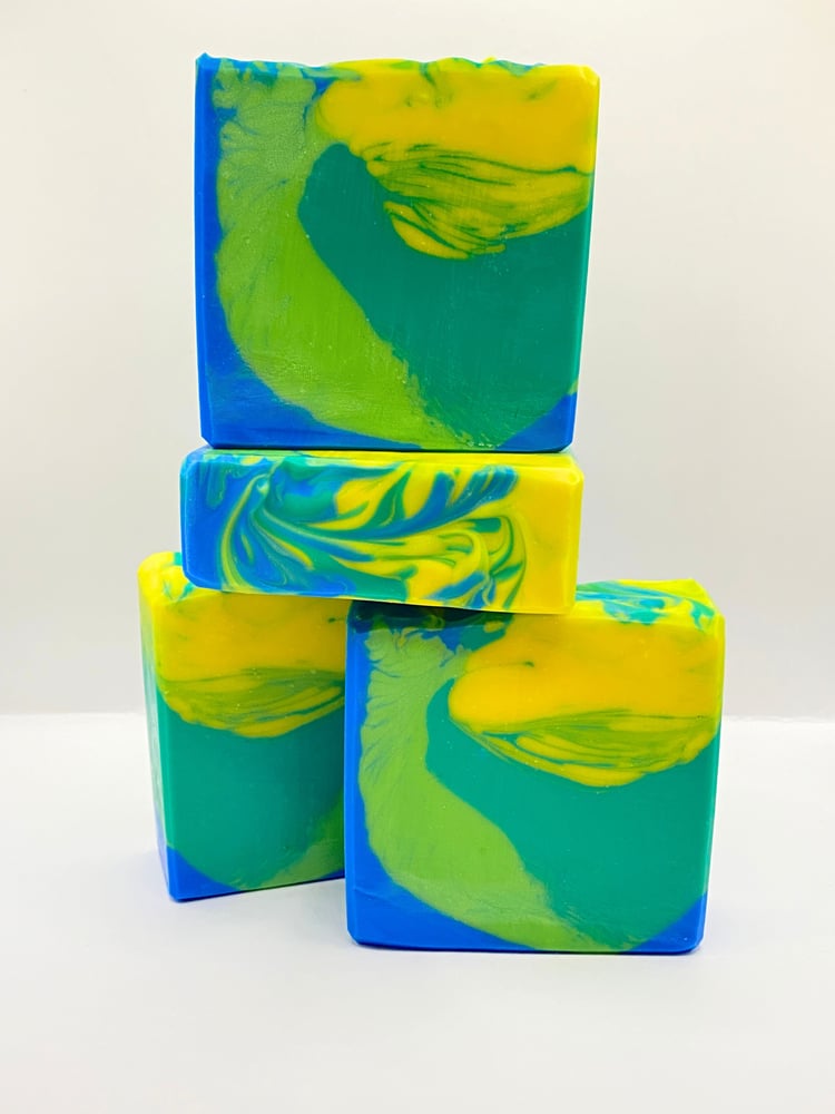Matecumbe Shores handmade soap swirled in blue, green, teal, and yellow