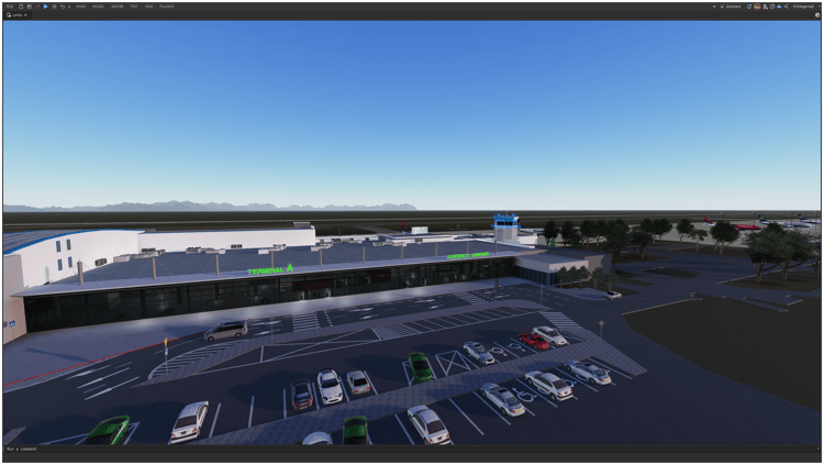 Modern airport terminal with large windows and waiting passengers.