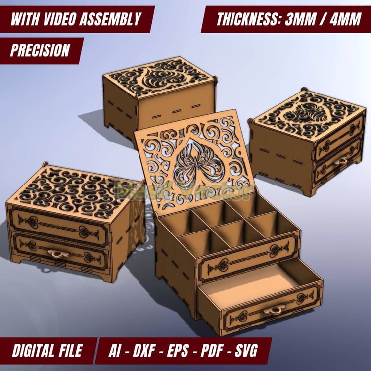 Laser-cut chest of drawers jewelry box featuring intricate heart and floral patterns. Perfect for organizing rings, earrings, or keepsakes. Adds elegance to any vanity or dresser.