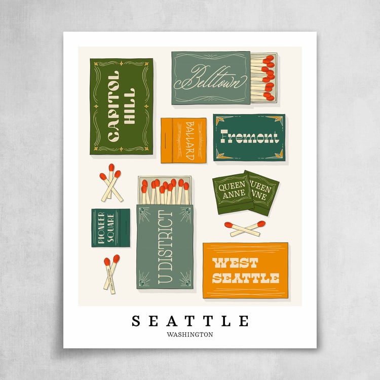 A collection of green, blue and yellow matchbooks featuring 8 neighborhoods in Seattle, Washington