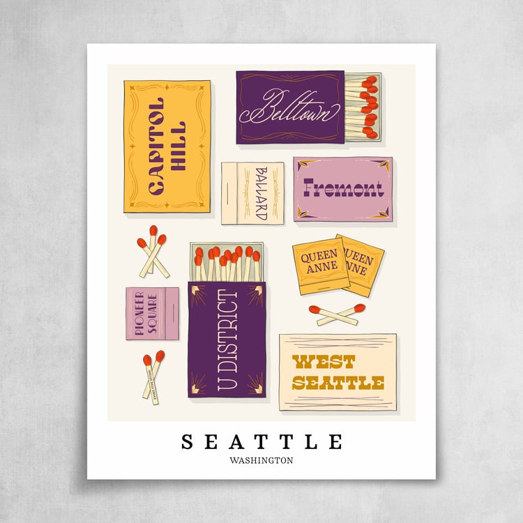 A collection of purple and yellow matchbooks featuring 8 neighborhoods in Seattle, Washington