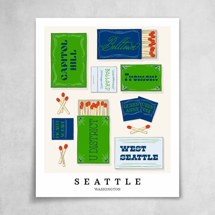 A collection of bright green and blue matchbooks featuring 8 neighborhoods in Seattle, Washington