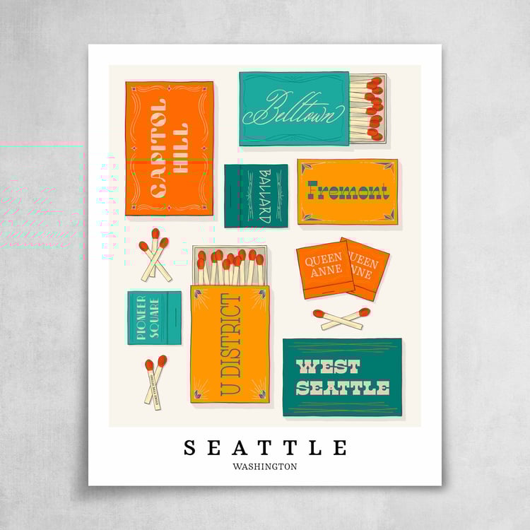 A collection of orange, blue and yellow matchbooks featuring 8 neighborhoods in Seattle, Washington