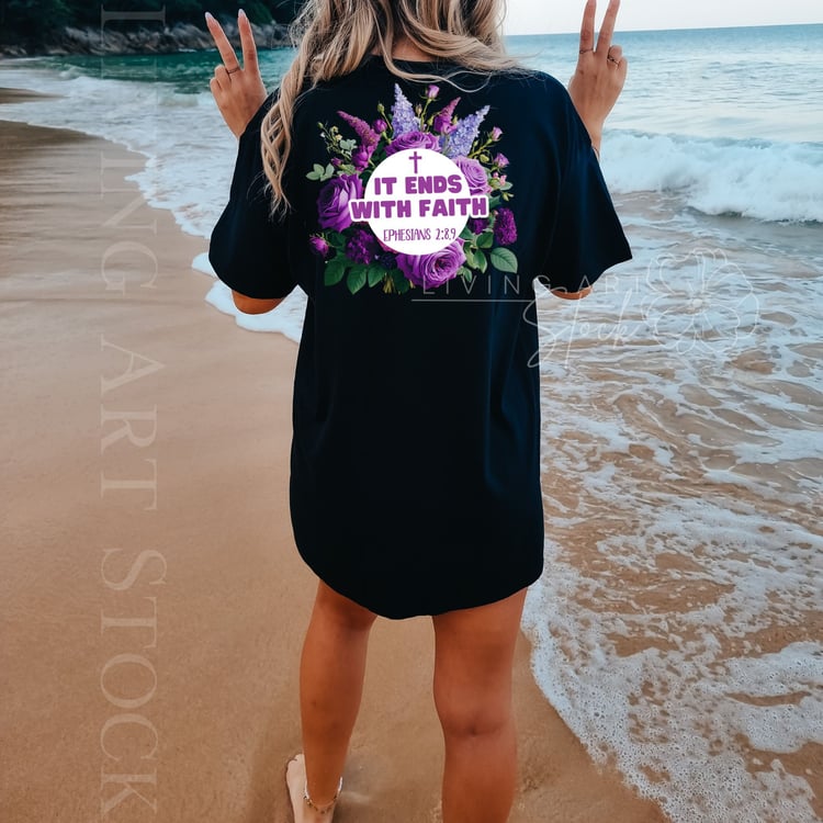 It Ends with Faith, PNG Prurple Floral Bouquet Design with Scripture, Christian PNG Designs
