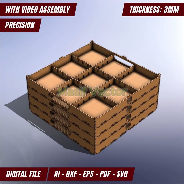 Discover a stunning 3D modular, stacakable storage tray with nine compartments for organization. Perfect for stationery or tools. Crafted from wood or cardboard, it's easy to assemble. Laser cut files AI, DXF, EPS, PDF, SVG. Ideal for craft lovers!