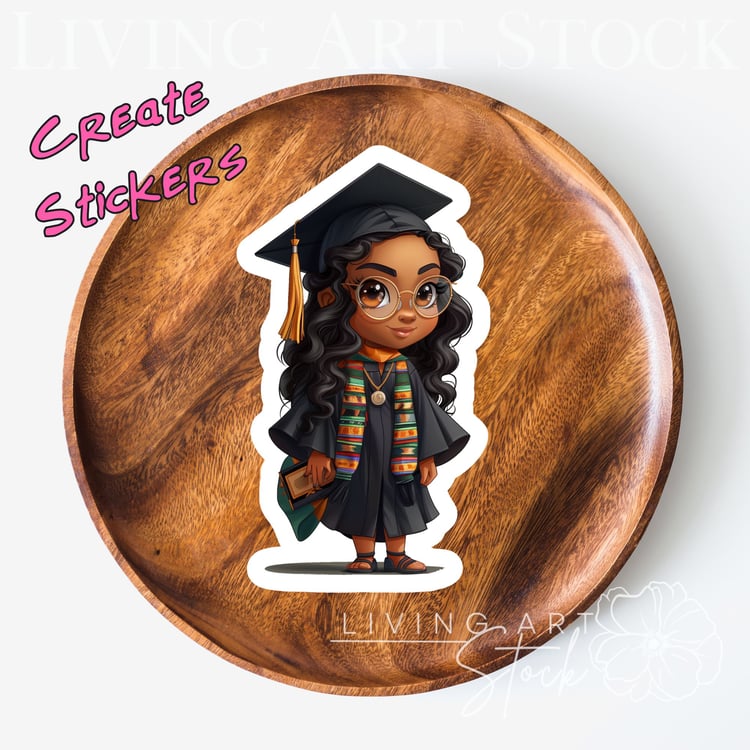 Black Chibi Girl Cartoon Gratuate with African Kente Cloth Sash, Black Cap and gown, transparent sticker design