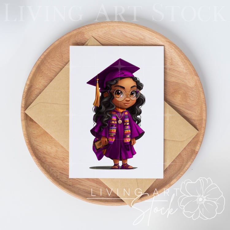 Black Chibi Cartoon Woman Graduate, PNG Design, Purple cap and gown