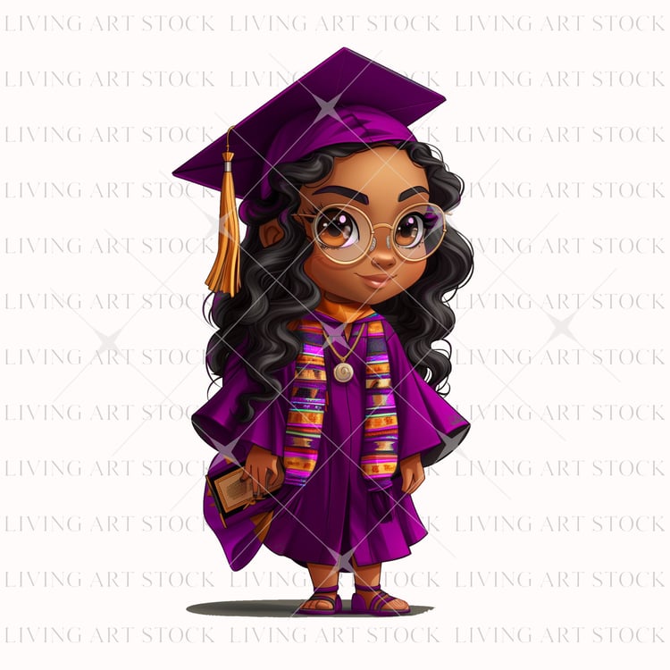 Black Chibi Cartoon Woman Graduate, Purple cap and gown