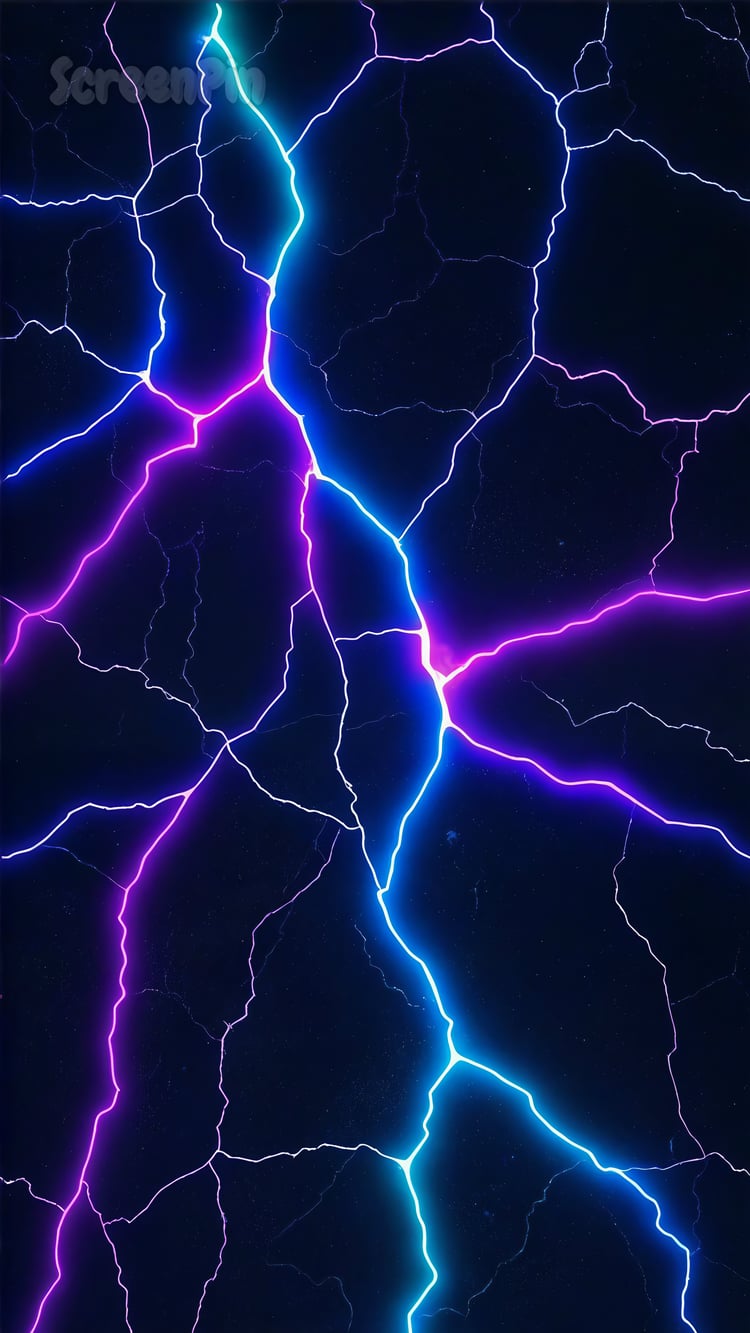 A dark marble texture with glowing neon cracks in vibrant purple and blue hues, creating a futuristic and elegant effect.