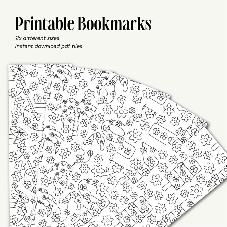 Set of 5 floral summer printable bookmark to color