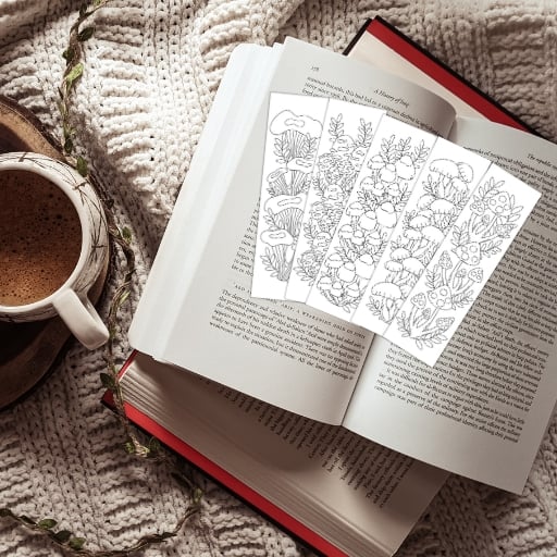 set of 5 mushroom coloring bookmark with forest leaves on open book