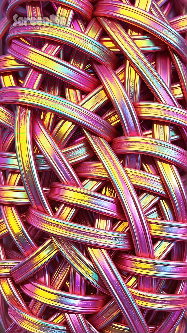 A tightly woven abstract texture featuring shimmering rainbow metallic strands with a futuristic, reflective appearance.