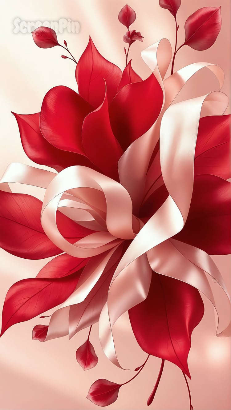 An abstract floral composition with flowing, silky ribbons in shades of red and soft pink, creating an elegant and graceful look.