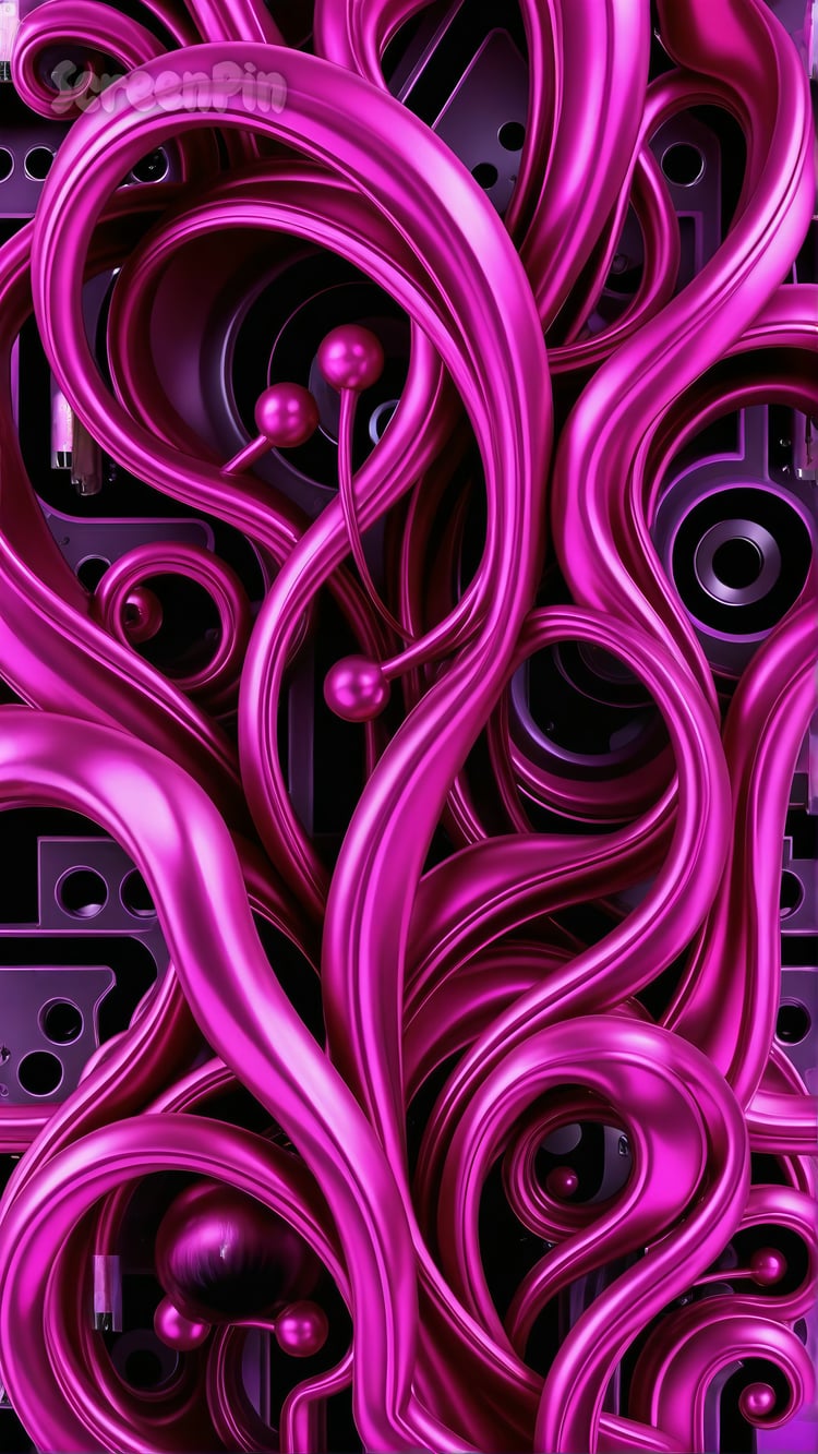 A 3D abstract wallpaper with fluid, interwoven metallic ribbons in vibrant fuchsia tones, creating a dynamic and elegant look.