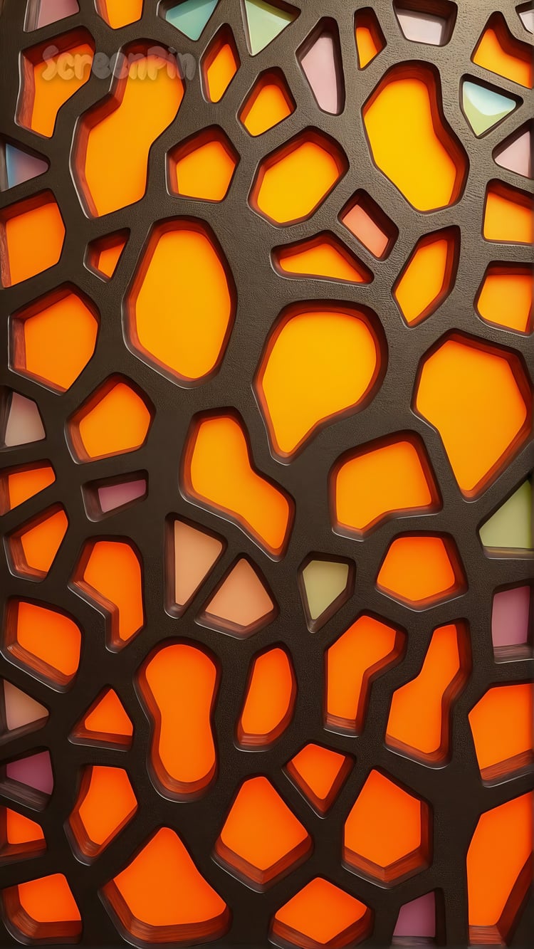 A futuristic abstract wallpaper with irregular organic orange shapes embedded in a dark metallic structure, creating a high-tech and dynamic visual effect.