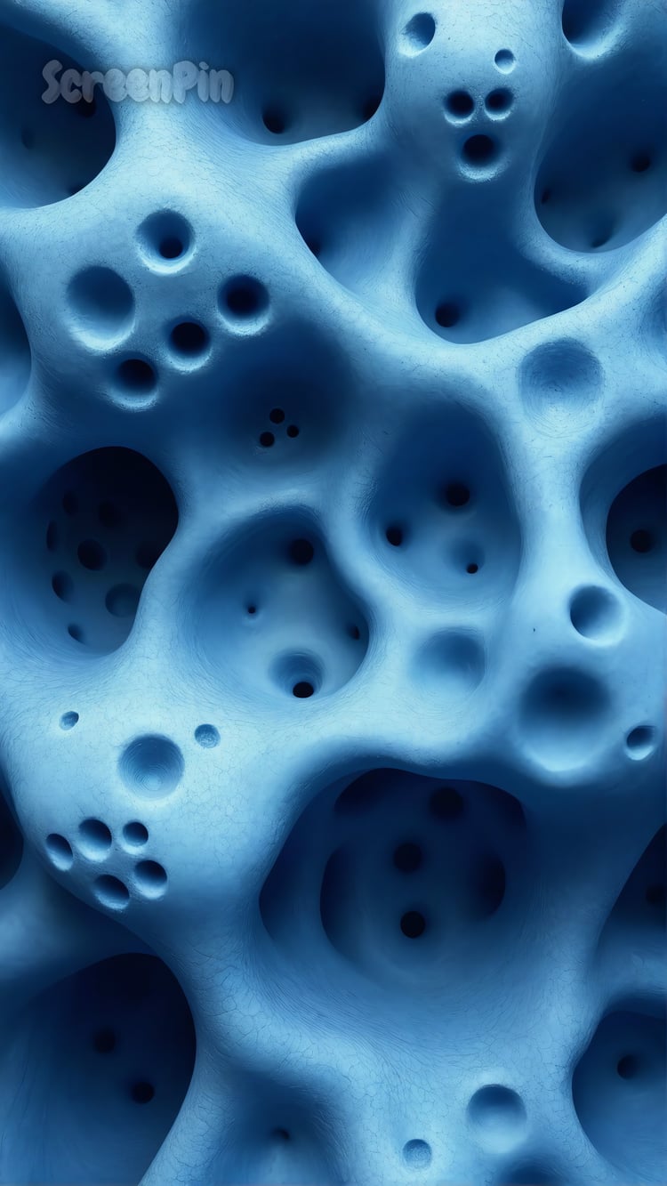 An abstract texture with an organic, porous blue surface, featuring smooth curves and intricate depth.