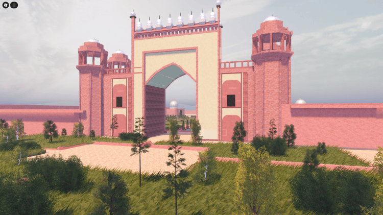 Miniature model of the Taj Mahal with surrounding gardens.