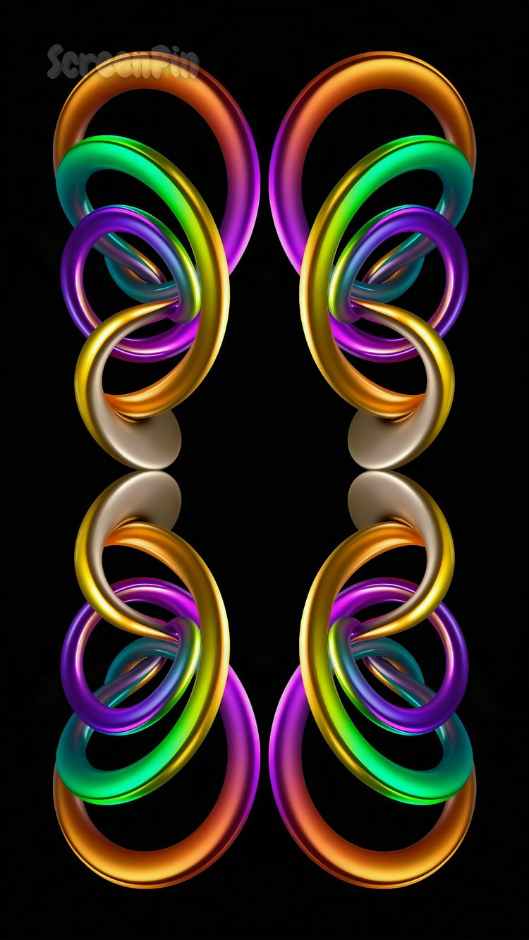 A metallic rainbow abstraction with fluid, reflective shapes on a deep black background, creating a futuristic and modern aesthetic.