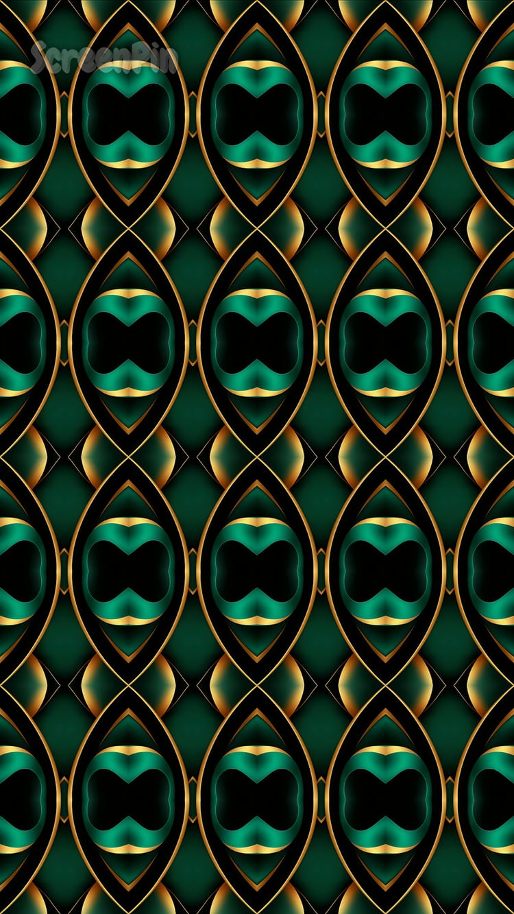 A seamless digital pattern with jade and gold tones, featuring intricate ornamentation and elegant symmetry.