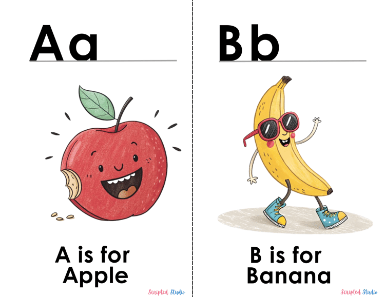 (ABC Doodle Fruit Uppercase and lowercase two flashcards A is for an apple smiling, B is for a banana dancing with shes on)