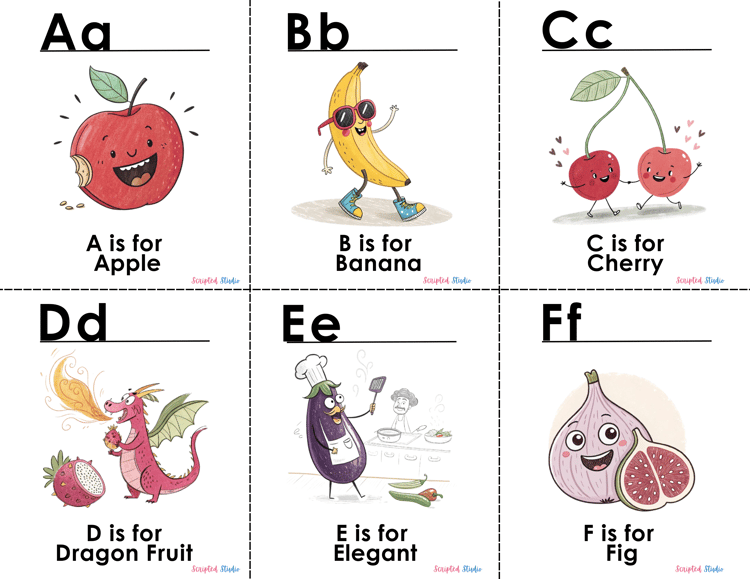 (ABC Doodle Fruit Uppercase and lowercase four flashcards A is for an apple smiling, B is for a banana C is for a cherry,  D is for a dragon fruit, E is for eggplant, F is for fig.