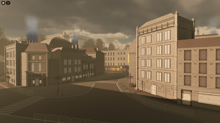 Roblox roleplay map featuring restaurants, stores, and businesses