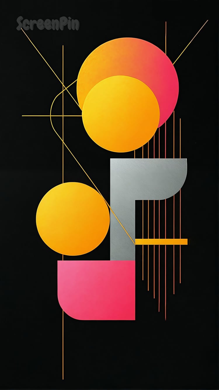 A modern abstract design with pink and yellow interconnected geometric shapes, lines, and circles arranged harmoniously.